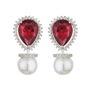 Radiant Ruby & Pearl Embrace Drop Earrings