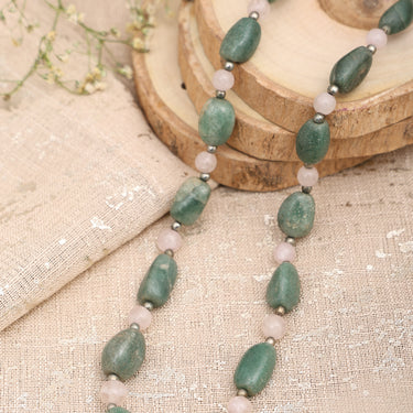 "Verdant Rose: Authentic Natural Green Aventurine and Rose Quartz Gemstone Necklace for Women - Oval & Round Beads