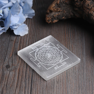 Selenite Divine Natural Moroccan Selenite Gemstone Plate for Cleansing, Charging Healing Stones and Crystals - Sri Yantra