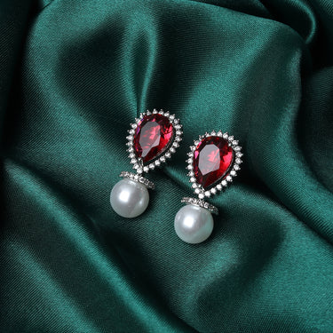 Radiant Ruby & Pearl Embrace Drop Earrings